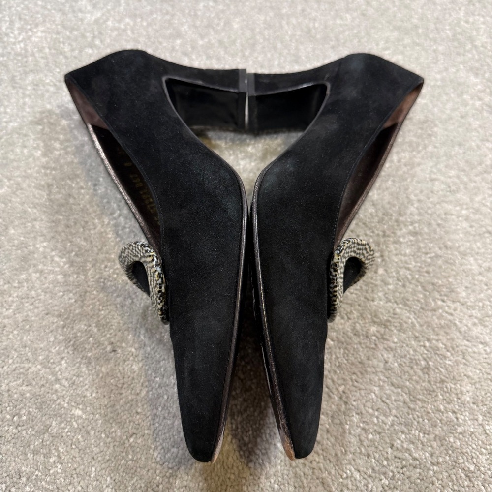Vintage Salvatore Ferragamo Pilgrim Black Suede Block Heel Pump Buckle 8AA Italy - Picture 6 of 16